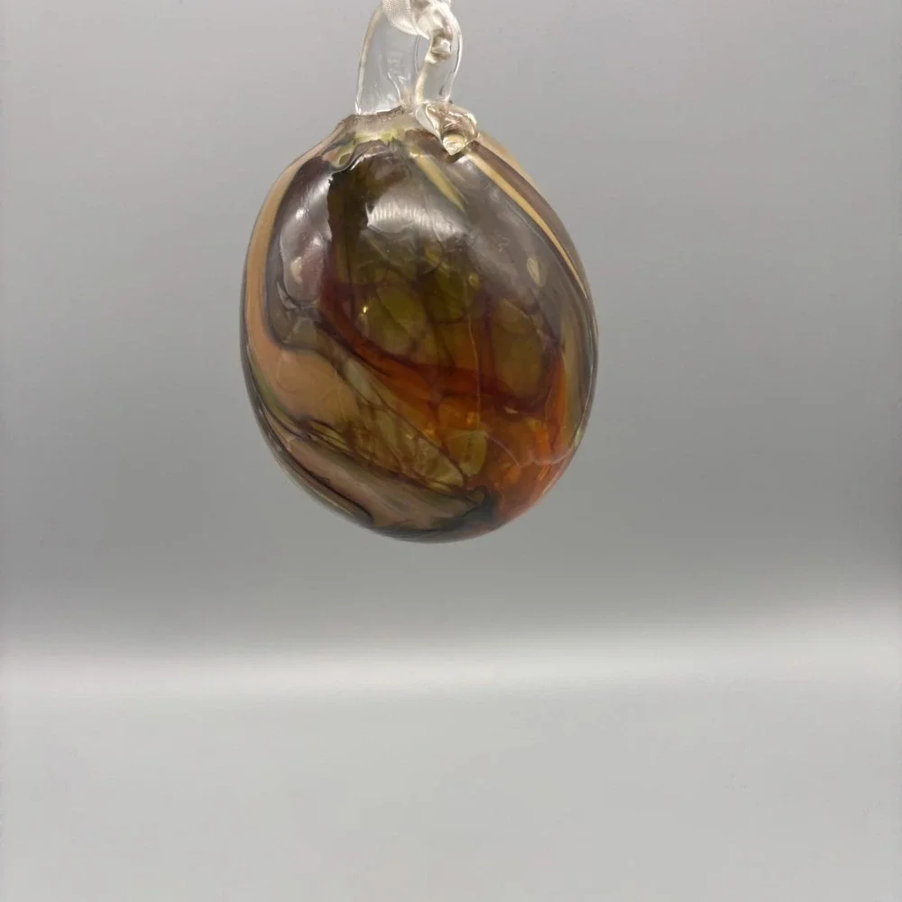 Ornament Hand Blown Art Glass Oval Brown & Amber Swirl‎ Imperfections